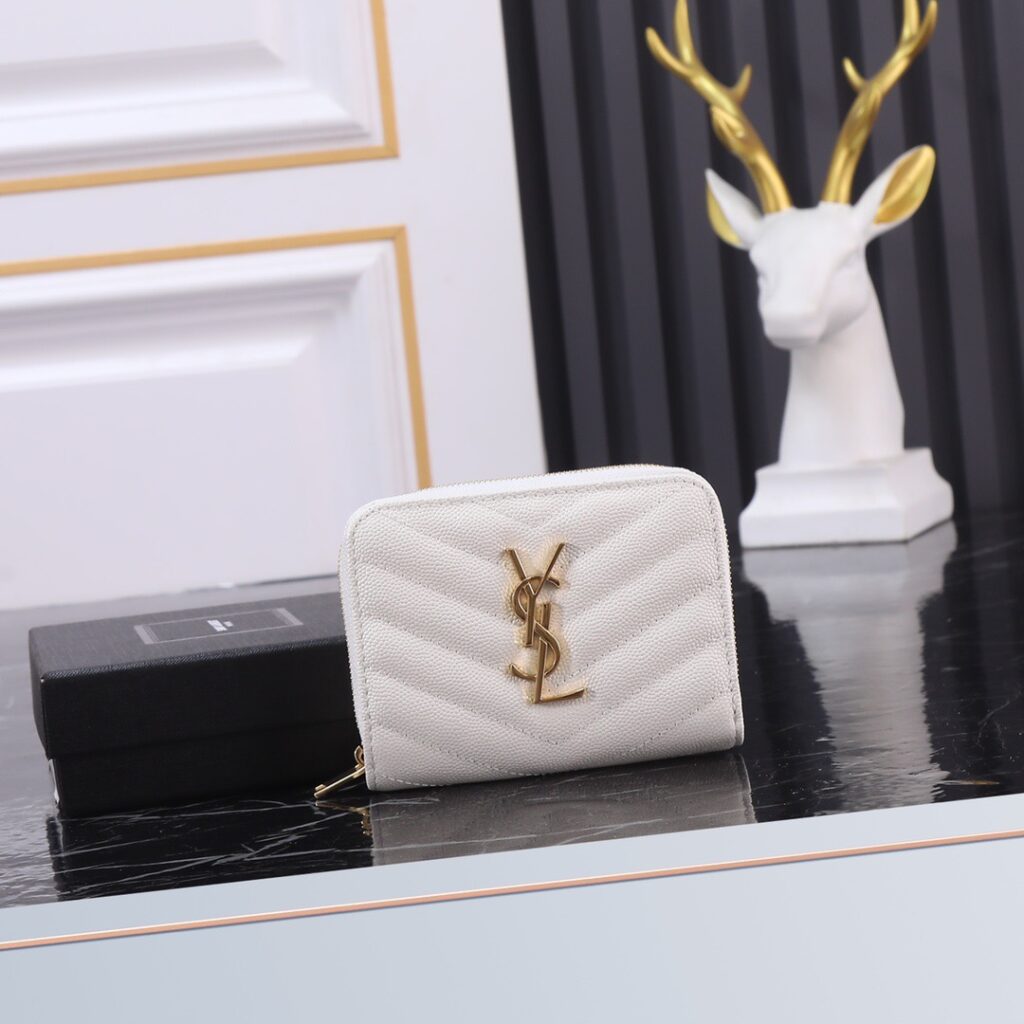 サンローラン「Saint Laurent」モノグラム コンパクト ジップアラウンド ウォレット（グレイン ド プードル エンボスレザー）