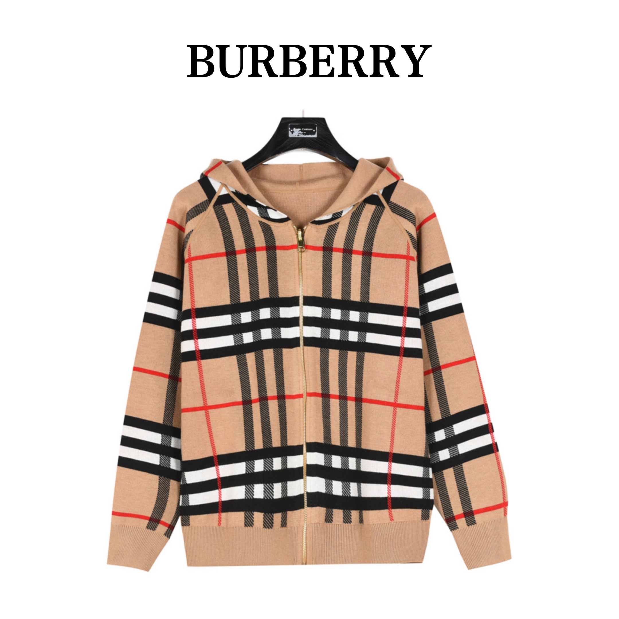 バーバリー「Burberry」 クラシックチェック柄両面着キャシュミアニットロングスリーブフード付きジャケット