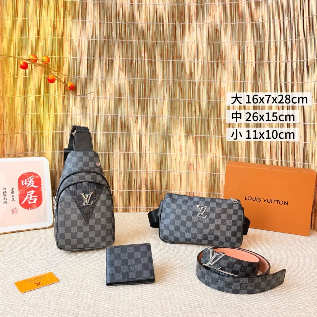 「ルイ・ヴィトン」Louis Vuitton チェス柄ボディバッグ＋ウエストバッグ＋財布＋ベルト 4 点セット 限定セール 大人気販売中