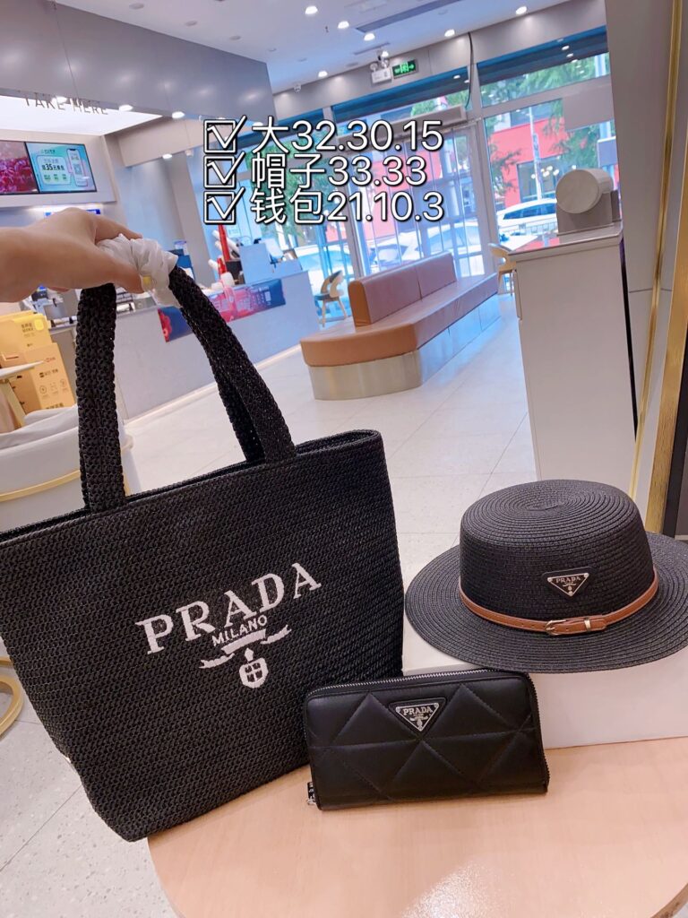 「プラダ」Prada ラフィアトートバッグ＋サマーハット＋長財布 3 点セット 限定セール 大人気販売中