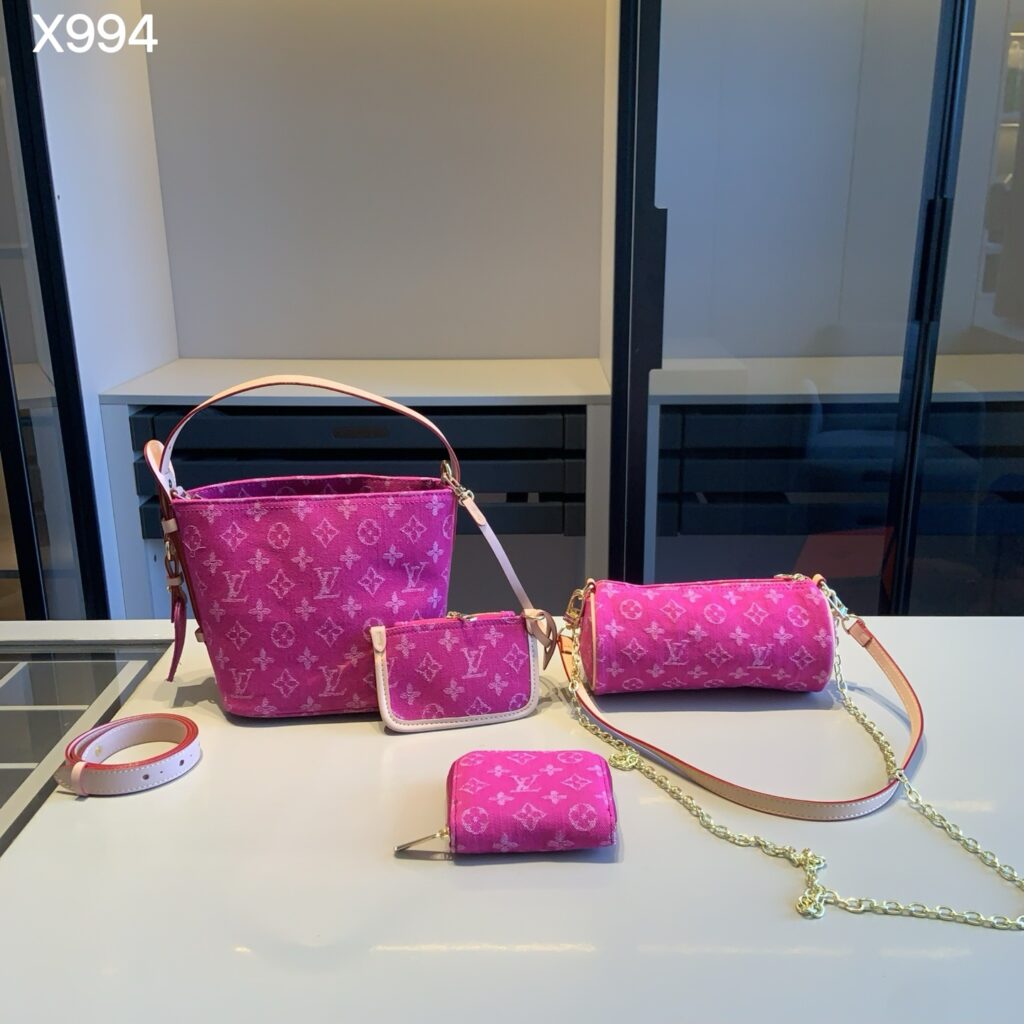 「ルイ・ヴィトン」LOUIS VUITTON デニムピンク バケットバッグ＋ポーチ＋パピヨンバッグ＋コインケース 4 点セット 限定セール 大人気販売中