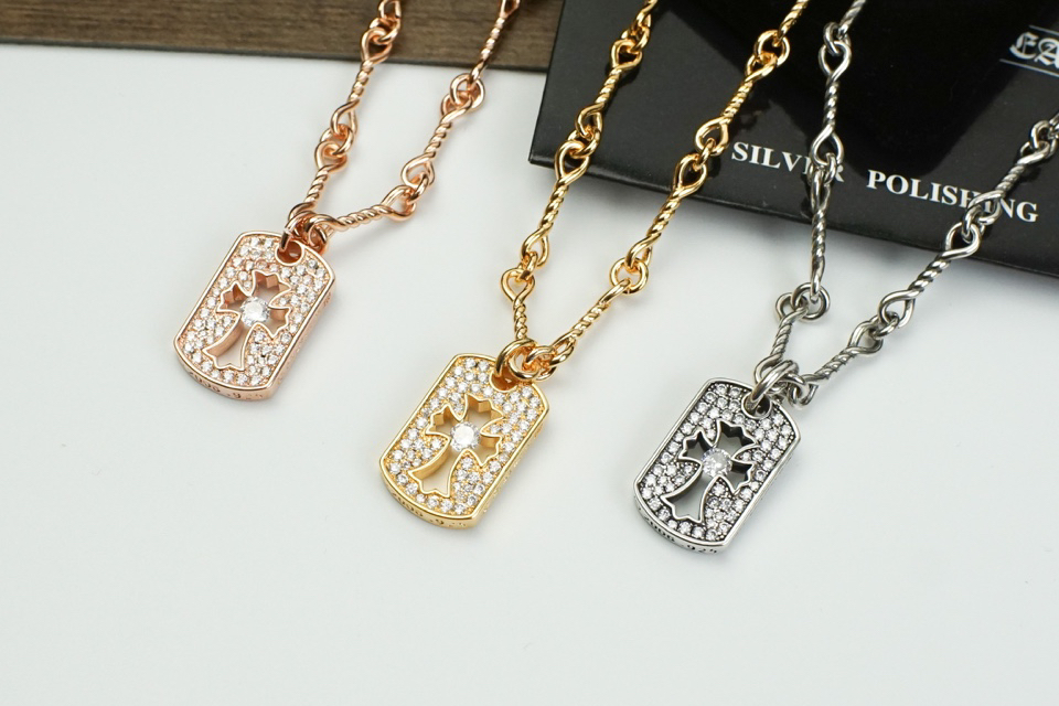 クロムハーツ「Chrome Hearts」ペア ネックレス - フルラウンドダイヤ 透かし彫りスクエアプレート