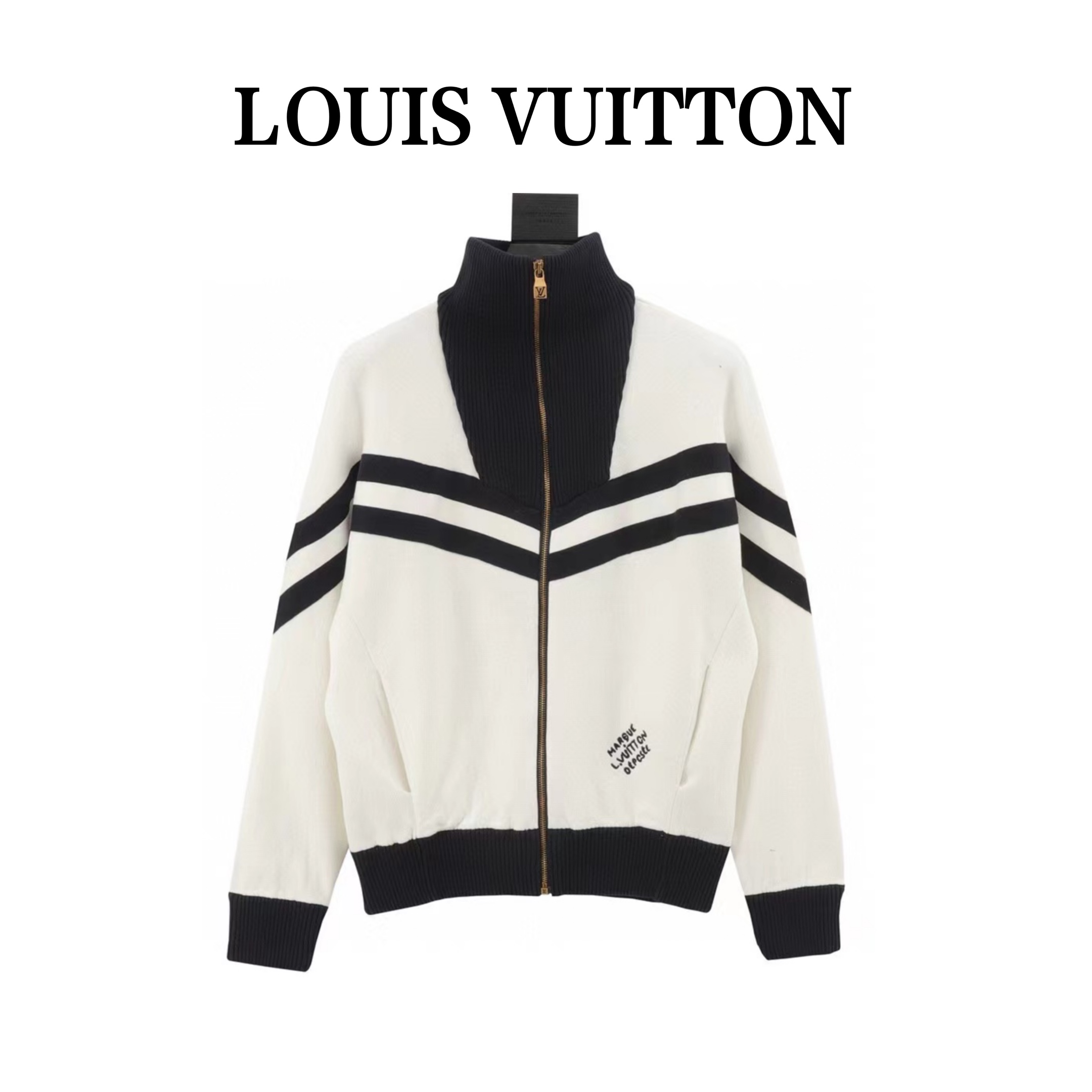 ルイ・ヴィトン「Louis Vuitton」白黒ストライプのファスナー付きウール編みジャケット