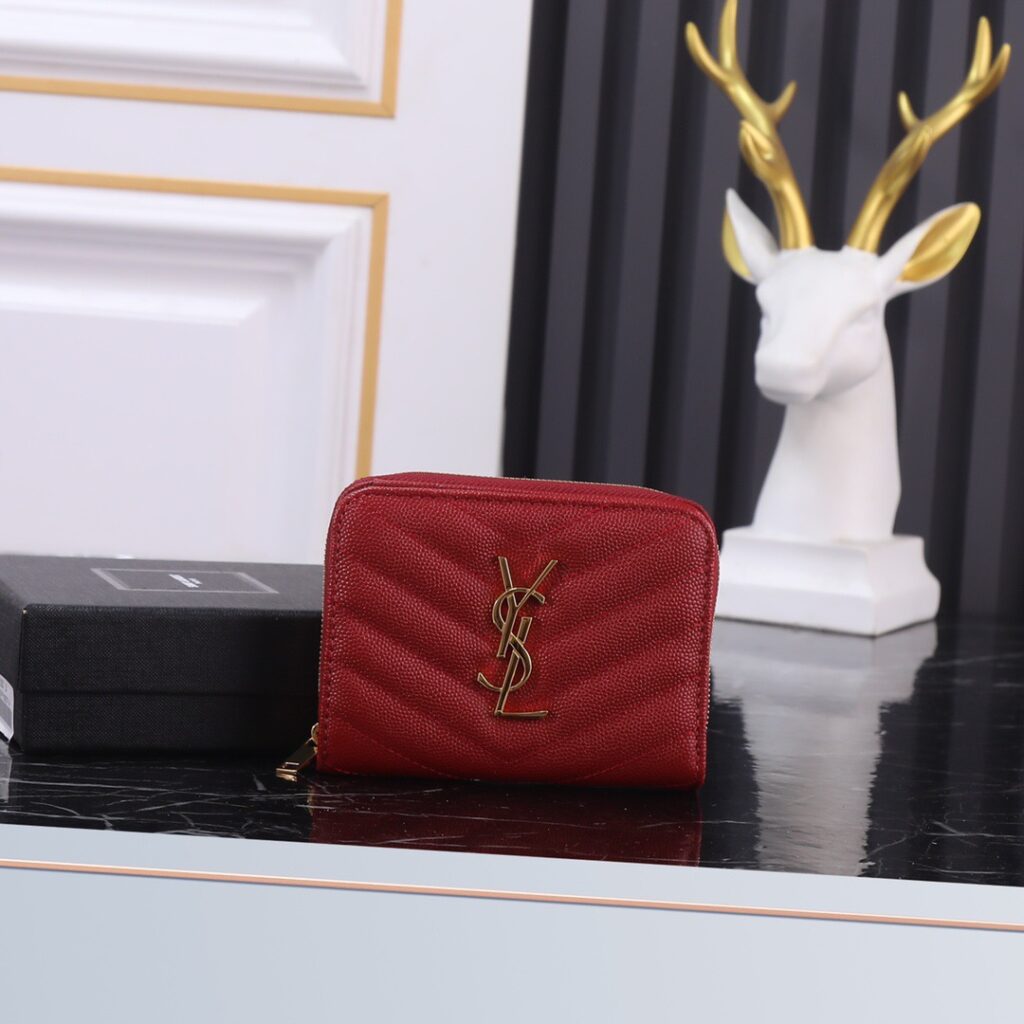 サンローラン「Saint Laurent」モノグラム コンパクト ジップアラウンド ウォレット(グレイン ド プードル エンボスレザー)