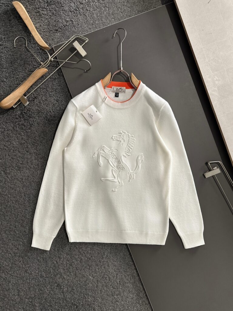 エルメス「Hermès」秋冬全身ジャージー柄新作シンプル丸首ニットウールセーター