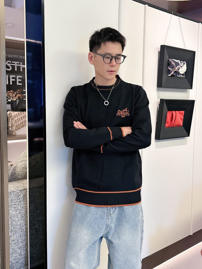 エルメス「Hermès」秋冬全身ジャージー柄新作シンプル丸首ニットウールセーター