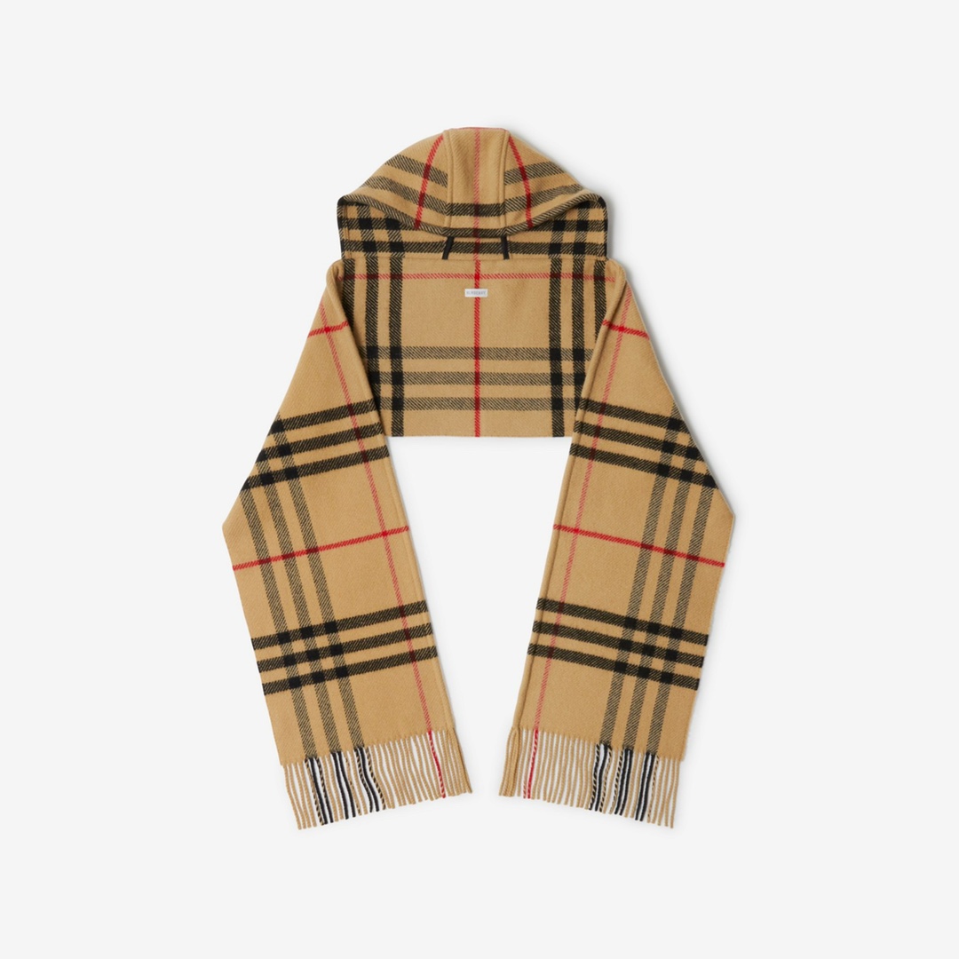 バーバリー「Burberry」フード付き チェック ウールマフラー (210×30cm)