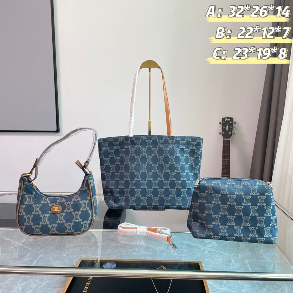 「セリーヌ」CELINE トリオンフ デニム トートバッグ＋ホーボーバッグ＋ポーチ 3 点セット 限定セール 大人気販売中