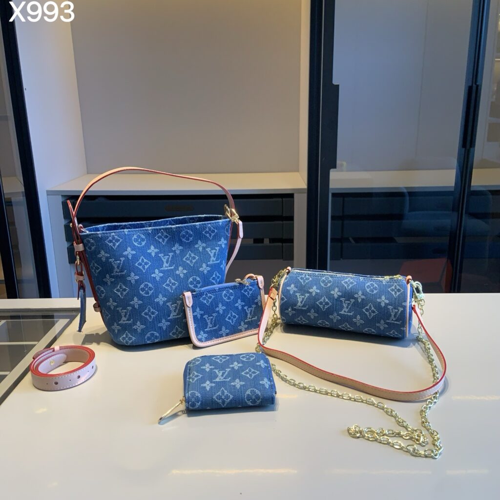 「ルイ・ヴィトン」LOUIS VUITTON デニムピンク バケットバッグ＋ポーチ＋パピヨンバッグ＋コインケース 4 点セット 限定セール 大人気販売中