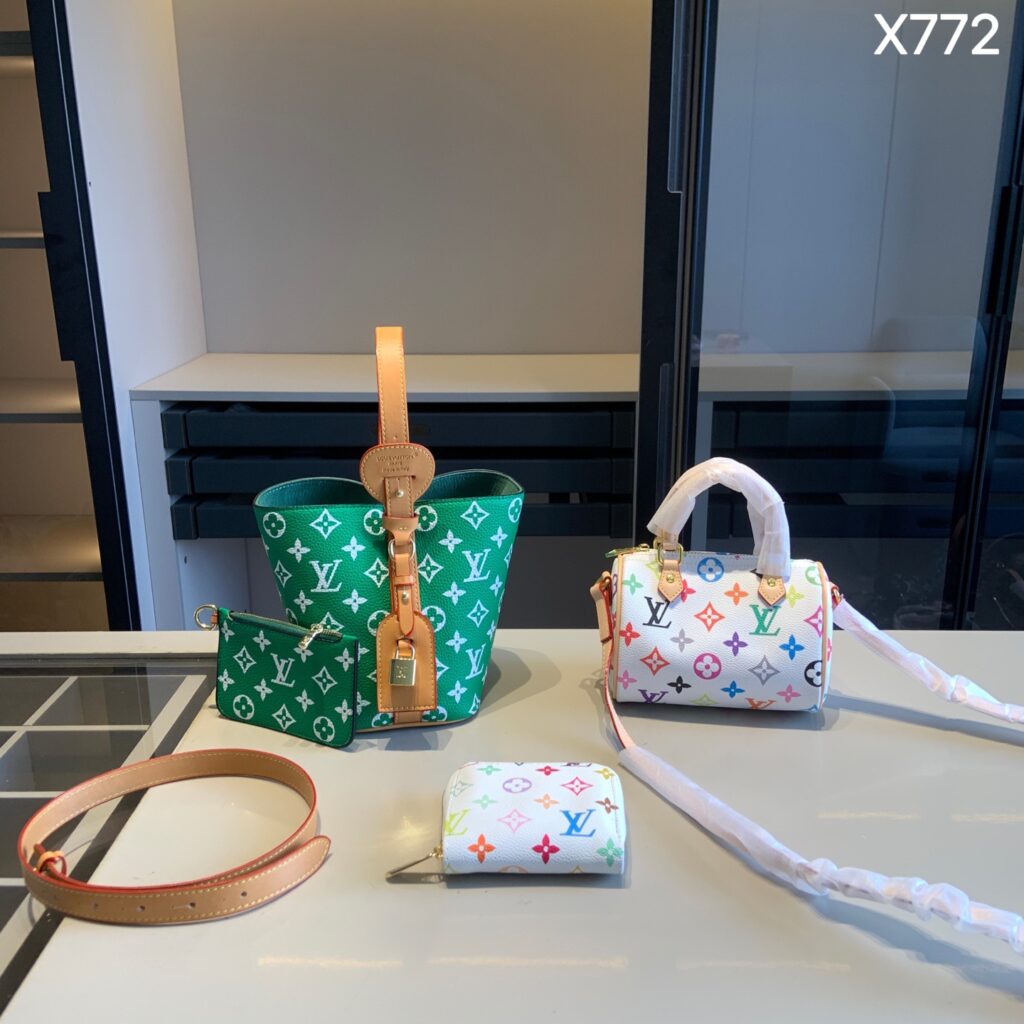 「ルイ・ヴィトン」LOUIS VUITTON ブルーモノグラム バケットバッグ＋マルチカラー ミニスピーディ＋ポーチ＋コインケース 4 点セット 限定セール 大人気販売中