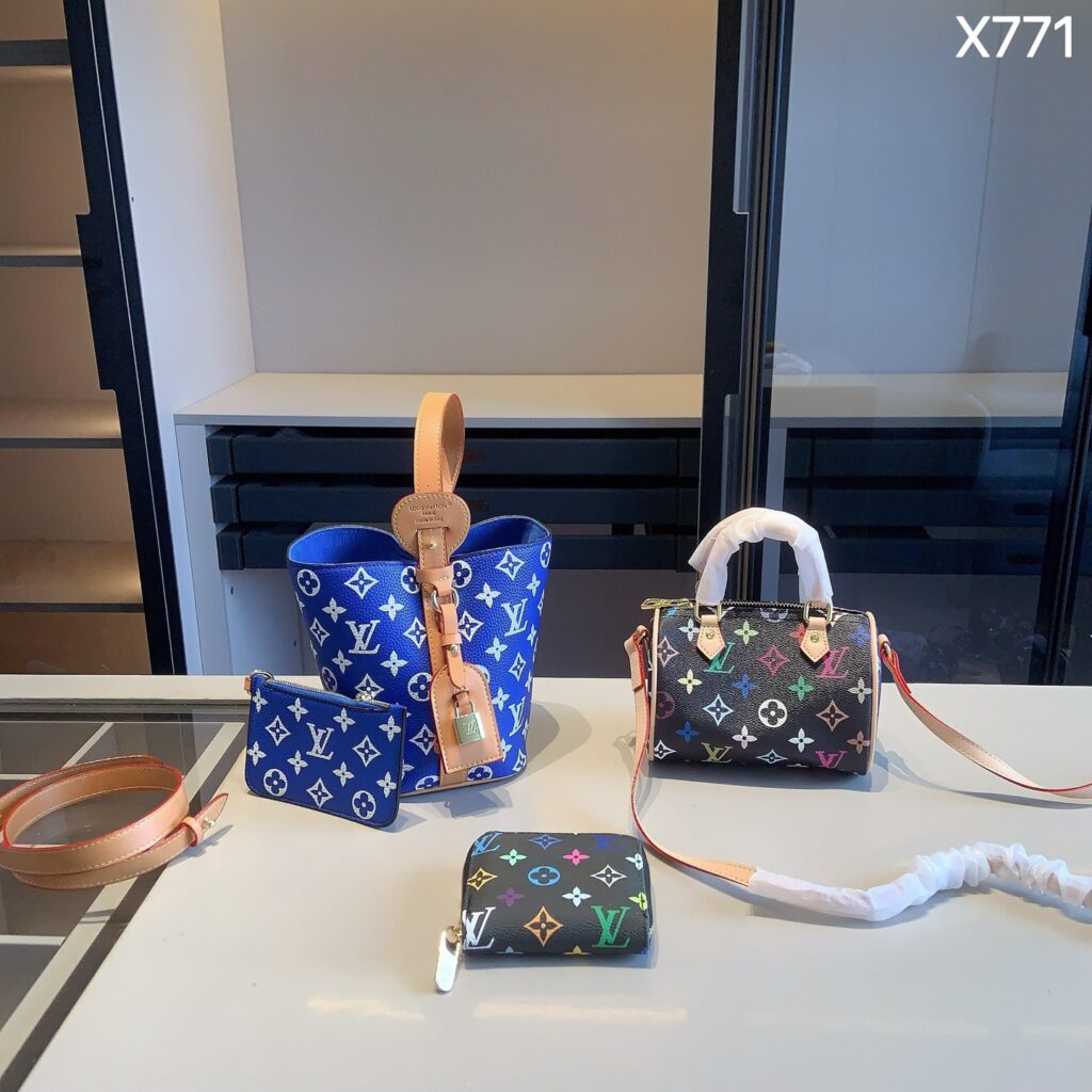 「ルイ・ヴィトン」LOUIS VUITTON ブルーモノグラム バケットバッグ＋マルチカラー ミニスピーディ＋ポーチ＋コインケース 4 点セット 限定セール 大人気販売中