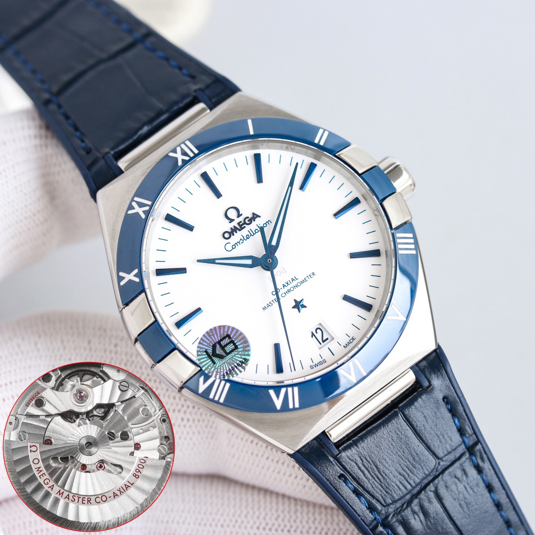 オメガ「Omega」Constellation 41MM セラミックベゼル&レザーストラップ メンズ腕時計 「4色」