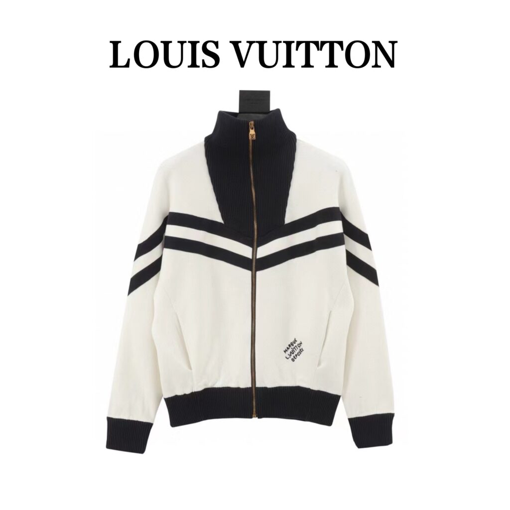 ルイ・ヴィトン「Louis Vuitton」白黒ストライプのファスナー付きウール編みジャケット