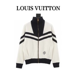 ルイ・ヴィトン「Louis Vuitton」白黒ストライプのファスナー付きウール編みジャケット