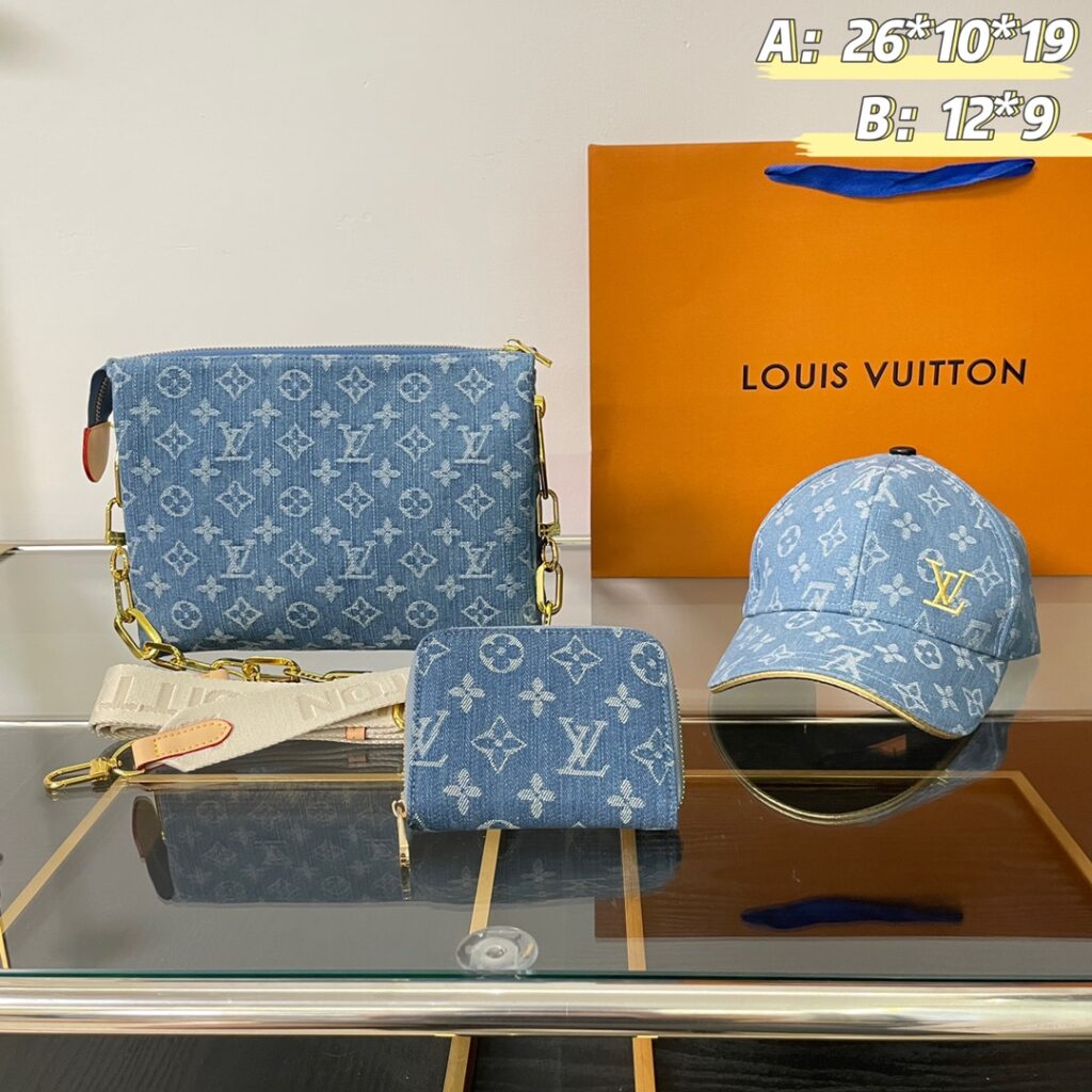 「ルイ・ヴィトン」Louis Vuitton デニムバッグ＋財布＋キャップ 3 点セット 限定セール 大人気販売中