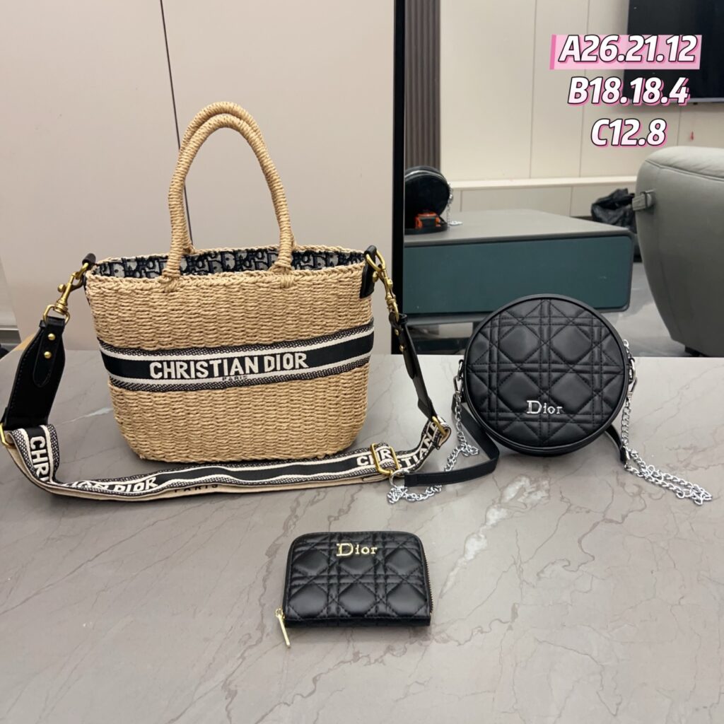「クリスチャン・ディオール」Christian Dior ラフィアトートバッグ＋ラウンドポーチ＋財布 3 点セット 限定セール 大人気販売中