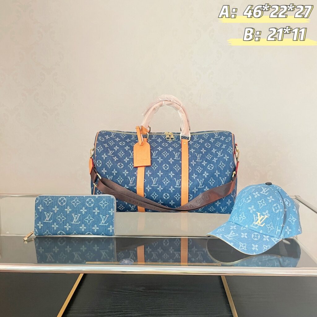 「ルイ・ヴィトン」Louis Vuitton デニムボストンバッグ＋長財布＋キャップ 3 点セット 限定セール 大人気販売中