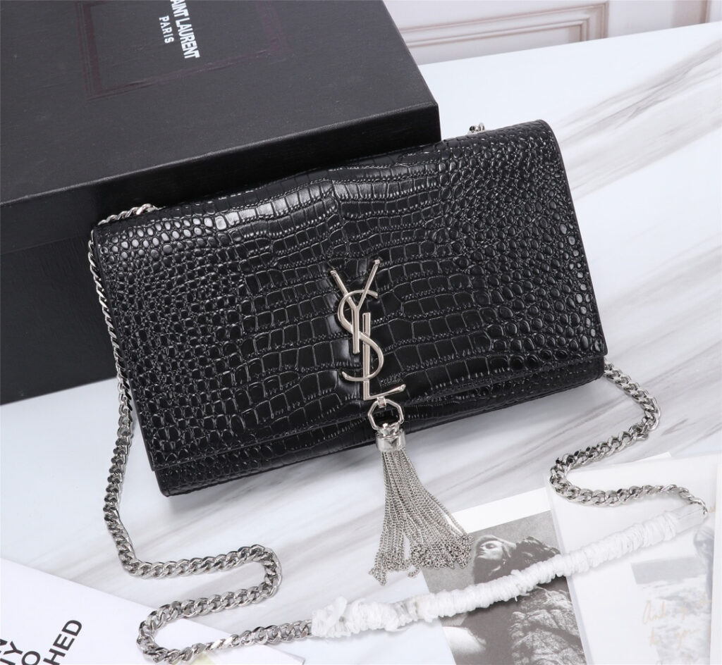 サンローラン「Saint Laurent」KATE 24cm クロコダイルエンボス フリンジ ショルダーバッグ